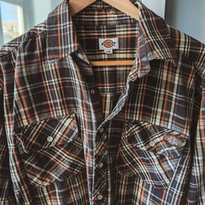 🎁 Vintage Dickie's Long Sleeve Orange & Brown plaid Shirt - size L